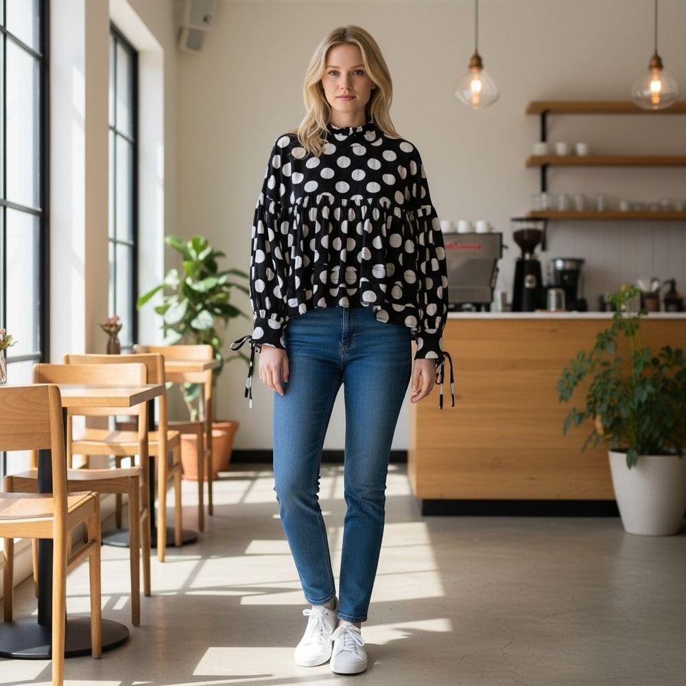 Sister Jane Polka Dot Blouse M Black White Ruffle Mock Neck Tie Back TO421BNW